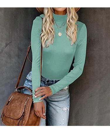 REVETRO Women Casual Long Sleeve Mock Turtleneck Top - Blue Green | Slim Fit Lightweight Tee - Buy Online on GoSupps.com