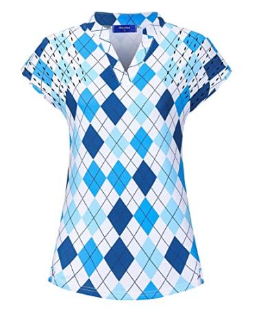 Moydan Women's Golf Polo Shirts Lightweight Moisture Wicking Tennis Athletic T Shirts Medium Blue Plaid