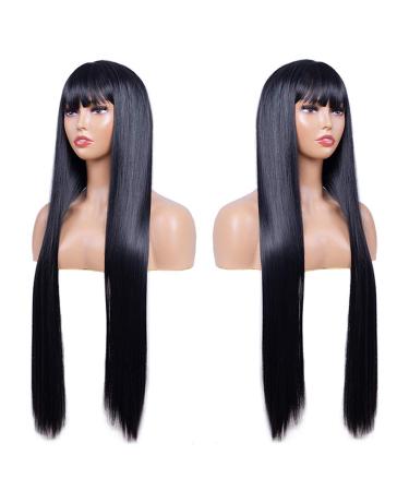 Sylhair Long Black Wig with Ponytail - 80 cm Straight Wig with Bangs for Women | Smooth Fringes | Quality Hairpiece (1 Pack) - Buy Online on GoSupps.com