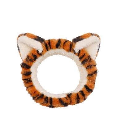 Hofar Face Wash Headband Hairband with Tiger Ears Coral Fleece Cartoon Cute Creative Hair Accessories Yellow
