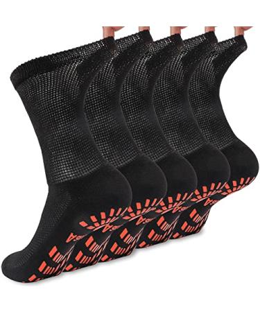 Aaronano Diabetic Socks for Men Women Non Slip Hospital Socks Bamboo Non-Binding Crew Socks 5 Pairs Black Medium