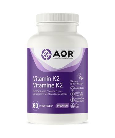 AOR - Vitamin K2 Supplement 120mcg 60 Vsoftgels - Skeletal Support Bone Health Liver Health and Cardio Heart Health - Vitamin K2 MK4 MK7