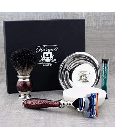 Vintage Inspired 4-part razor set-pure roof hair brush 5 edge razor stainless steel shaving shell and Haryali London Premium soap