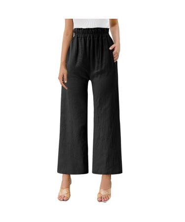 Gufesf Women's Cotton Linen Palazzo Pants Casual Wide Leg Long Trousers with Pockets Linen Pants for Women High Waisted Black Small