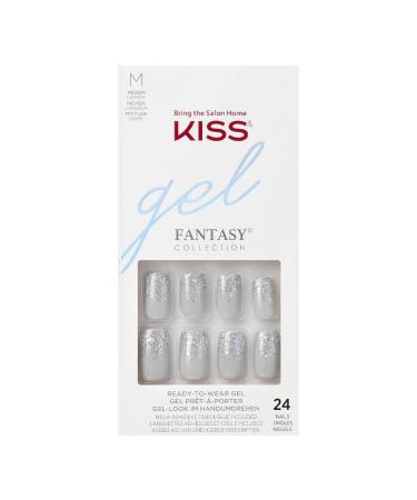 KISS Gel Fantasy Collection Glue-On Manicure Kit Wait N See Medium Length Coffin Fake Nails Includes 28 False Nails Nail Glue Nail File and Manicure Stick White 24 Count (Pack of 1)