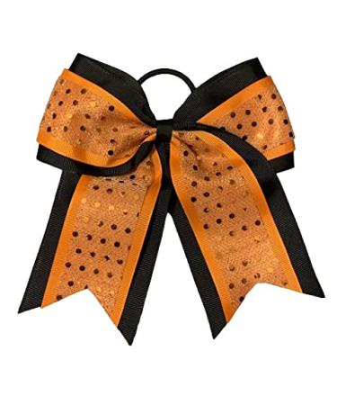 New "CONFETTI DOTS Black Orange" Cheer Bow Pony Tail 7 Inch Girls Hair Bows Cheerleading Dance Practice Football Games Competition Birthday Halloween Fall Festival Grosgrain Ribbon