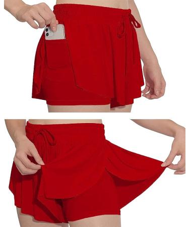 Girls 2 in 1 Flowy Butterfly Shorts Workout Gym Yoga Running Dance Skirt - Red, 9-10 Years - Buy Online on GoSupps.com