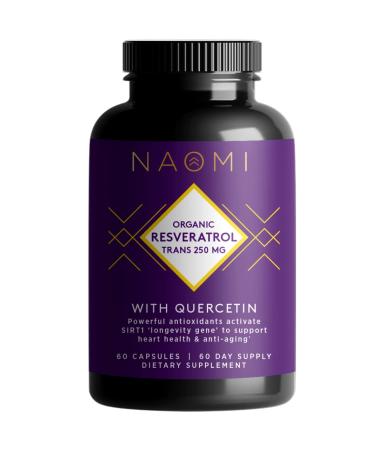 NAOMI Organic Trans Resveratrol Supplement 250mg with Quercetin, Anti Aging Supplement for Cardiovascular Health, Anti Inflammatory and Brain Booster Supplement, 60 Veggie Capsules