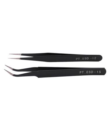 Nail Art Rhinestones Eyelashes Straight & Curved Tweezers Tool Set-Black