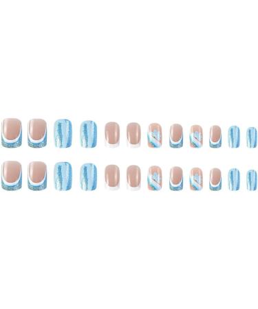 French Tip Press on Nails - Short Square Press On Nails with Nail Tips White edged Sparkling Blue and Light Blue Flowers press on nails Acrylic False Nails Cute Artificial Nails - Buy Online on GoSupps.com
