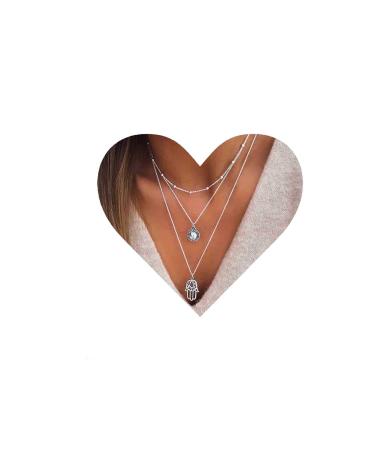 Boho Layered Opal Moonstone Necklace Silver Hamsa Pendant Necklace Futian Hand Necklace Chain Opalite Gem Necklace Jewelry for Women and Girls