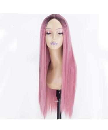 SHIYID Pink Long Silky Straight Synthetic Hair Wigs with Dark Roots Wigs for Women Glueless Heat Resistant Fiber Links Part