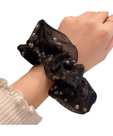 4 Pcs Shiny Black Pearl Lace Hair Scrunchies - Elastic Ponytail Holders for Girls - Buy Online on GoSupps.com