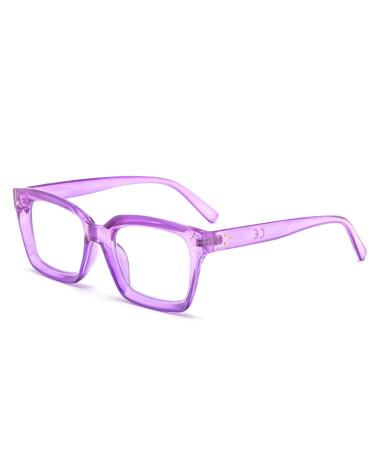MMOWW Oversized Reading Glasses for Women - Anti Blue Light Glasses with Square Frame (Transparent Purple 3.0) Transparent Purple 3.0 x