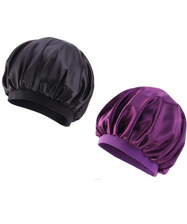 CCCHO 2 Pack Women s Large Solid Satin Bonnet Silk Imitation Turban Night Sleep Cap Elastic Band for Hair Beauty Shower Cap Hair Care Hat (Black+Purple)