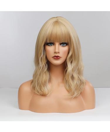 EMMOR Short Blonde Body Wave Bob Wig with Bangs | Heat Resistant Synthetic Fiber | 16 Inch Shoulder Length | Natural Looking Women's Wig - Buy Online on GoSupps.com