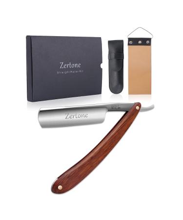 Zertone Straight Razor Kit with Strop - Straight Edge Razor Natural Wood Scale  Sharp, High Hardness Carbon Steel Cutthroat Straight Edge Blade, Vintage Wood Handle, Barber Razor