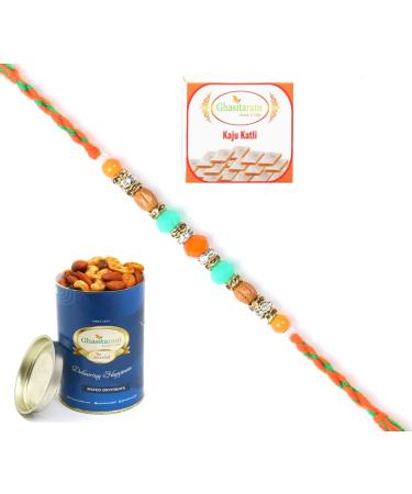 Ghasitaram Gifts Rakhi for Brother Rakhis Online - 6366 Fancy Thread Rakhi with 100 GMS of Dryfruits Mix Can 200 GMS of Kaju katli Rakhi & 100g Dryfruits Mix Can 200g Kaju katli