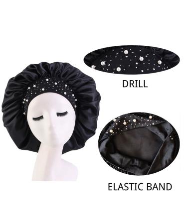 Silk Satin Bonnet Sleep Cap for Women with Pearls & Rhinestones - Black - Buy Online on GoSupps.com