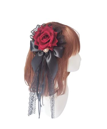 Lolita Gothic Lace Pearl Hairpin Handmade Black Red White Rose Hair Clip Ribbon Bow Clip Anime Cosplay Hair Accessories (Red)