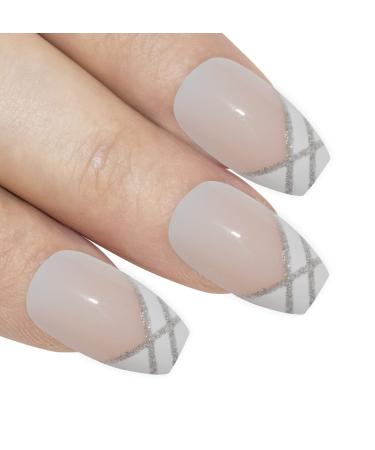 False Nails by Bling Art Silver White Glitter Ballerina Long Fake 24 Acrylic Nail Tips