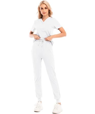 Women's Scrubs Set - White XL Jogger Pants & V-Neck Top, Stretchy Nurse Uniform with Pockets - Buy Online on GoSupps.com