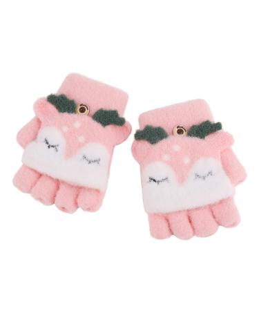 Baby Toddler Cartoon Deer Winter Thicken Wool Knitted Magic Mittens Convertible Fingered Gloves Insulated Snow Cold Weather Fluffy Mittens for Girls Boys Age 1-4Years Xmas Gift Pink Deer-Convertible