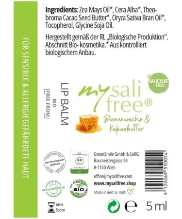 mysalifree Bio Lip Balm Intense Care for sensitive skin 100% natural with beeswax and cocoa butter 5 ml 100% certified Biokosmetik unique world Bio + Free FROM - Buy Online on GoSupps.com