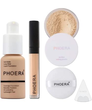 Phoera Foundation Full Coverage Makeup Set - Includes Nude 30ml Matte Foundation  Phoera Concealer (Neutral)  Cool Beige Setting Powder & Silicone Blender Sponge for Easy Application