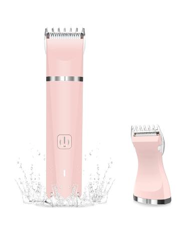 FLOVES Rechargeable Bikini Trimmer for Women - 2 in 1 Electric Ladies Pubic Hair Clipper Shaver, Body Hair Removal with 2 Ceramic Heads, Waterproof Wet and Dry Use, Pink
