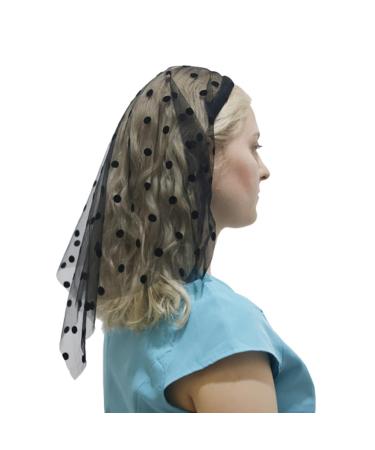 TQUXNGA Veil Headband for Women Stretch Turban Tulle Rhinestones Embroidery Colorful Dots Head Wrap Headband Black dots