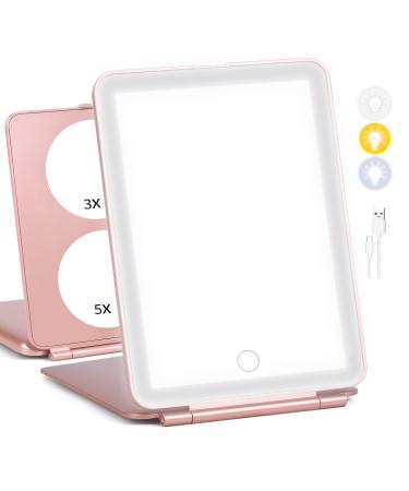 Tkaufen Travel Size LED Mirror  21Hours Battery Life  5X/3X/1X Magnifying Compact Hand Held Portable Foldable Makeup Cosmetic Mirror (Rose Gold  2 Fold) 5.12x7.56 Rose Gold