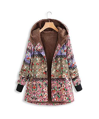 Lightning Deals! Womens Winter Warm Outwear Vintage Printed Hoodies Oversize Coats with Pockets Pink Large