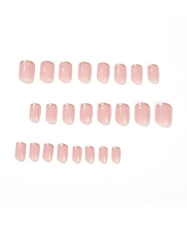 French Gold Glitter Short Square Press on Nails - 24Pcs Acrylic Full Cover Glossy Nude Tips for Women and Girls - Buy Online on GoSupps.com
