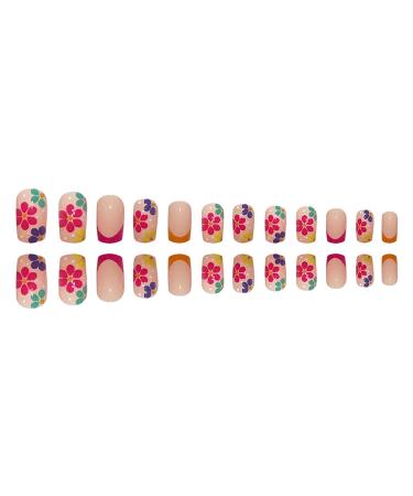 24Pcs Short French Press on Nails - Nude Pink Acrylic Square False Nails with Flower Designs for Women and Girls - Buy Online on GoSupps.com