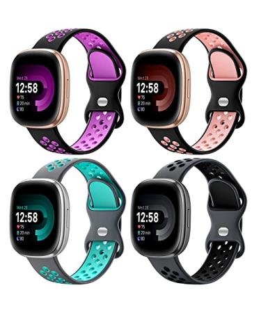 Maledan 4 Pack Sport Band Compatible for Fitbit Versa 3/Versa 4/ Fitbit Sense/ Sense 2 Bands Women Men Soft Wristband Replacement Accessories for Fitbit Versa 3/4 and Sense/ Sense 2 Smart Watch Band Pink Black/ Black Plum/ Gray Teal/ Coal Black S: 5.5"-7.