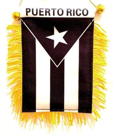 Puerto Rico Black & White Window Hanging Flag - Rear view Mirror & Double Sided - Fringed Puerto Rican Mini Banner with Suction Cup