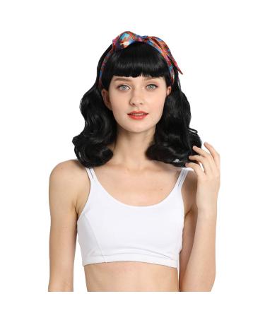 DIFEI Rockabilly Vintage Wig | Audrey Hepburn Style | Finger Wavy | Short Bang | Long Wig for Women - Black - Buy Online on GoSupps.com