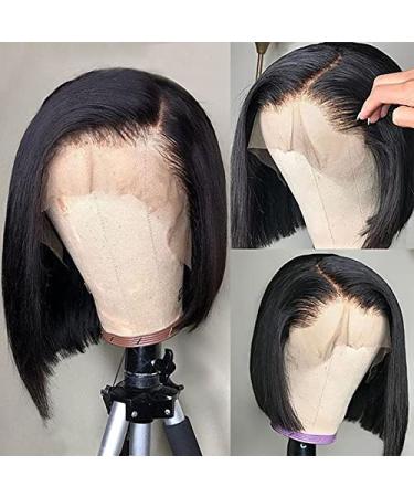 Short Straight Bob Human Hair Wig 8 Inch - Brazilian Virgin Lace Front Wig for Black Women with Baby Hair - Natural Black - Pre Plucked - 13x4 Frontal Wig - Buy Online on GoSupps.com