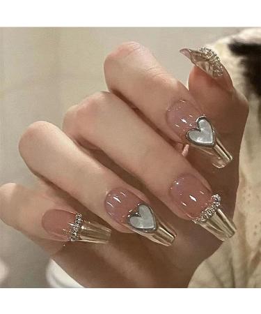 24Pcs/Set Press On Nails Silver Love Ice powder blusher Diamond Chain Long False Nails Acrylic Fake Nails Full Cover Nails Tips Artificial Finger Manicure Press on nails for Women and Girls