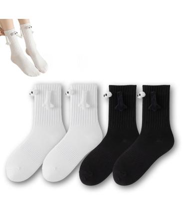 2/4Pairs Funny Magnetic Suction 3D Doll Couple Socks Funny Socks for Women Men Holding Hand Sock for Couple (Black+White 4pairs) Black+white 4pairs