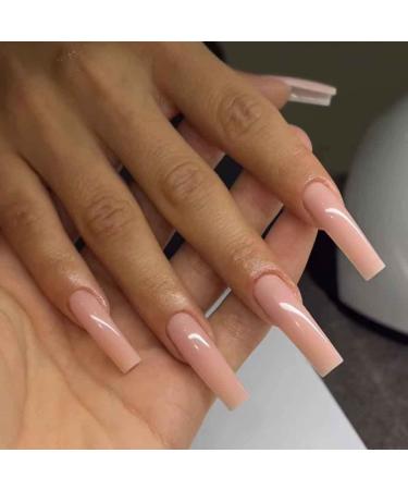 Enppode Long Press on Nails Square Fake Nails Nude Nails for Women and Girls Full Cover XL Nails 24 PC/Set Nude Square Nails