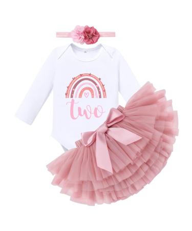FYMNSI Boho Rainbow First Birthday Outfit for Baby Girl Cake Smash Photo Shooting Romper Tutu Skirt Headwear 3pcs Set 2 Years Dusty Pink Long Sleeve Two