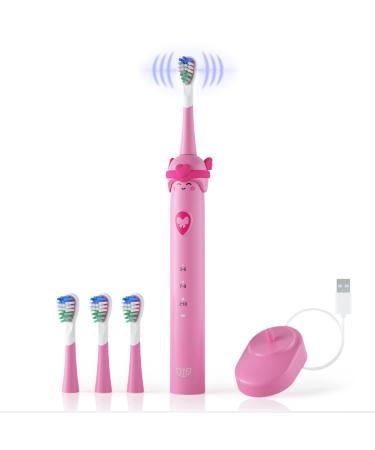 JTF Sonic Electric Toothbrush for Kids 3-12  Rechargeable Kids Electric Toothbrushes Girls with Smart Timer & 4 Kids Size Brush Heads (P610 Pink)  Dark Pink