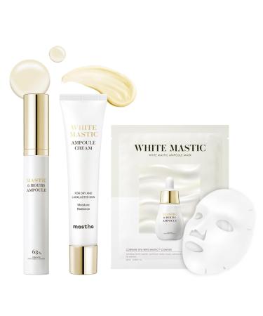 MASTINA White Mastic Essential Kit - Cream Ampoule Massager Roller Stick & Sheet Mask Set for Dark Spots Hyperpigmentation Dry Dull Skin. Korean Skin Care. Vegan Collagen Beta-Glucan.