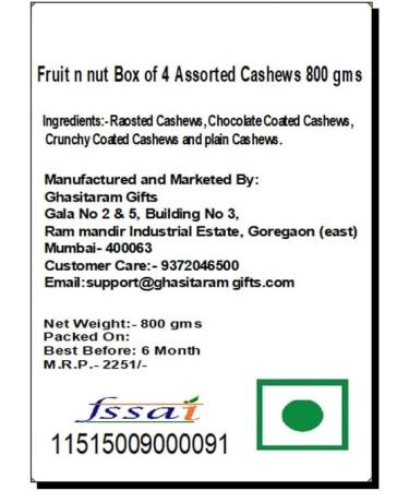 Ghasitaram Gifts Diwali Gifts Fruit n nut Box of 4 Assorted Cashews 800 GMS Chocolate 800 GMS - Buy Online on GoSupps.com