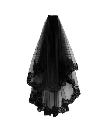 Healeved Halloween Witch Headwear Short Lace Veil Halloween Veil Halloween Headwear Retro Veil for Costume Party (Black)