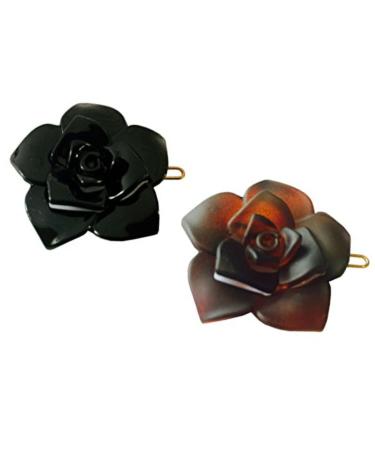 Parcelona French Flower Small 1.5 Celluloid Acetate Barrettes Set of 2 Side Slide Snap on Hair Clip for Fine Hair Women Hair Accessories  Made in France (Tortoise Shell and Black)