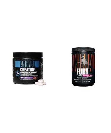 Animal Creatine Chews Tablets - Enhanced Creatine Monohydrate with AstraGin to Improve Absorption & Fury Pre Workout Powder Supplement for Energy and Focus 5g Grape + Supplement 120 Count (Pack of 1)