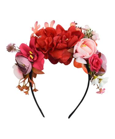 Flower Wreath Headband Hair Accessories Synthetic Floral Crown Bohemian Headband for Women Cosplay Costume Headband (Red)